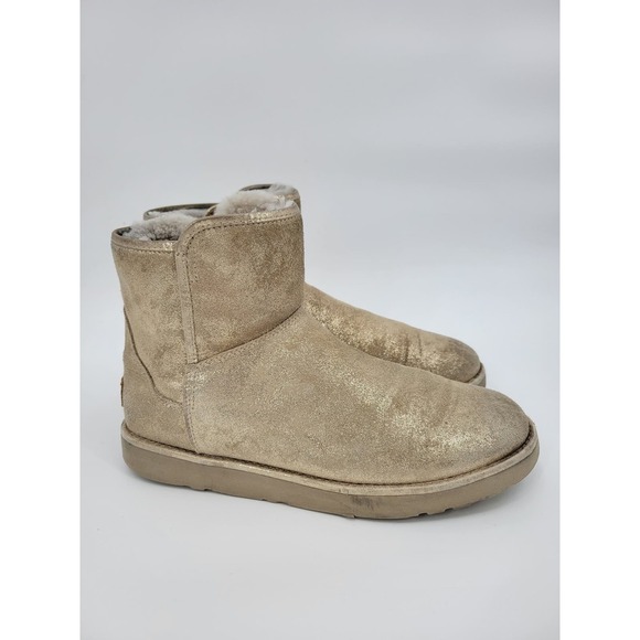 Uggs Abree Mini Stardust Gold Short Ankle Boots Fur Shiny - Picture 2 of 12